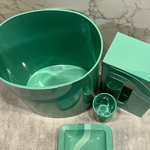 Vintage seafoam teal plastic bathroom accessories waste bin cup soap dish tissue - Picture 6 of 16